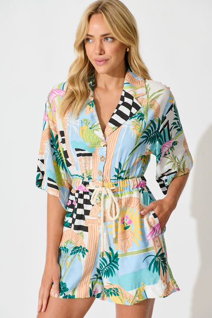 Maui Playsuit In White Multi Print