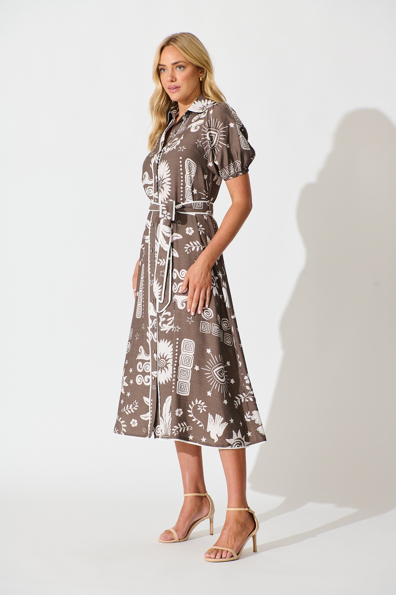 Norah Midi Shirt Dress in Mocha and White print