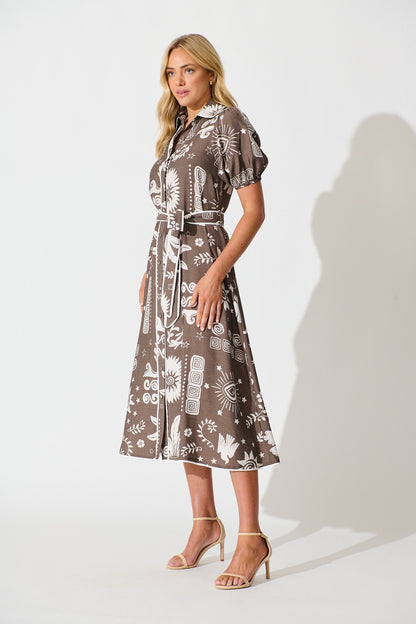 Norah Midi Shirt Dress in Mocha and White print