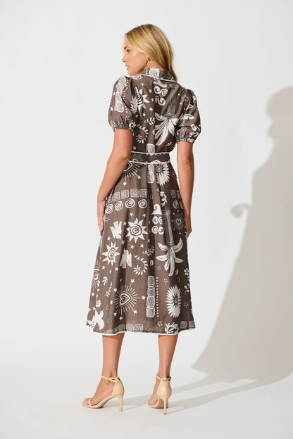 Norah Midi Shirt Dress in Mocha and White print