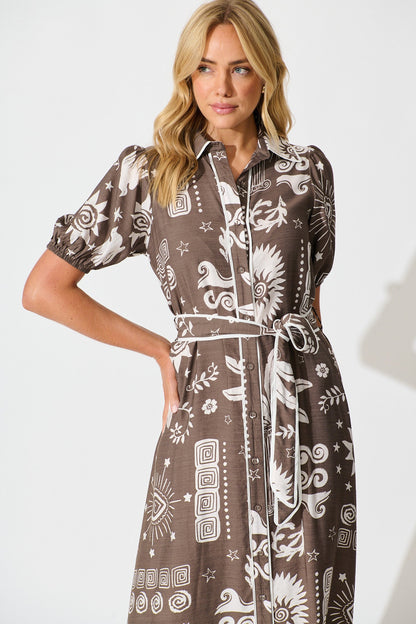 Norah Midi Shirt Dress in Mocha and White print
