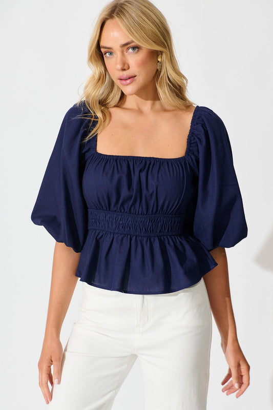 Rosella Top in Navy Linen Blend