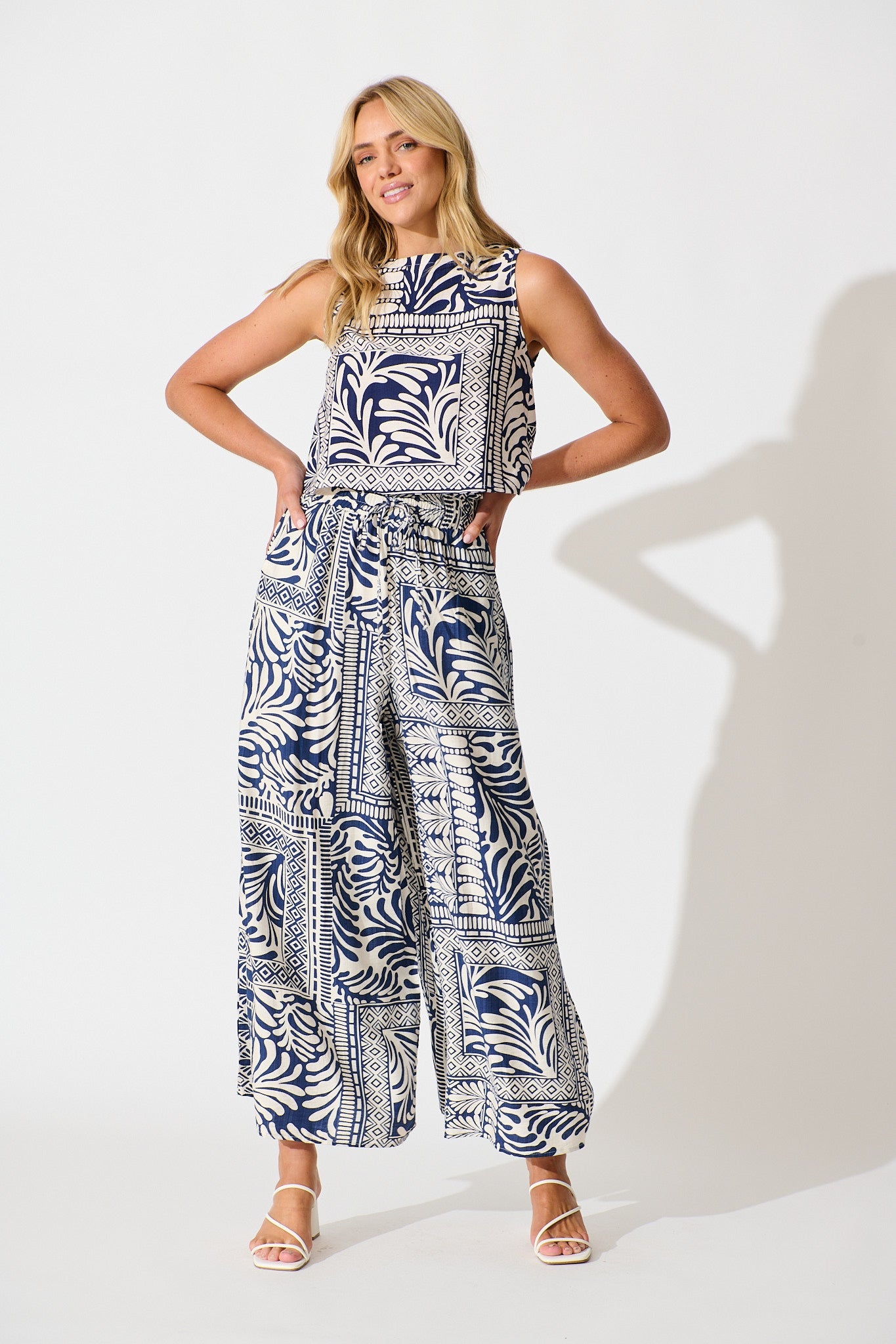 Goldie Wide Leg Pant in Navy and Cream Tile Print