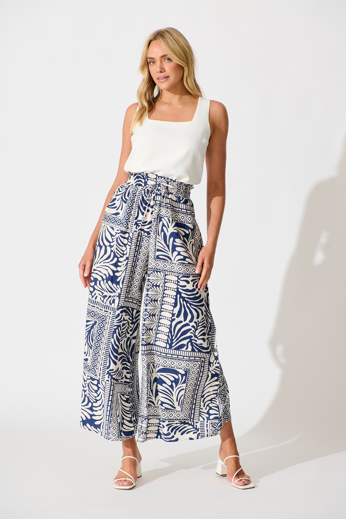 Goldie Wide Leg Pant in Navy and Cream Tile Print