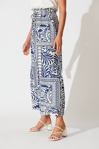Goldie Wide Leg Pant in Navy and Cream Tile Print