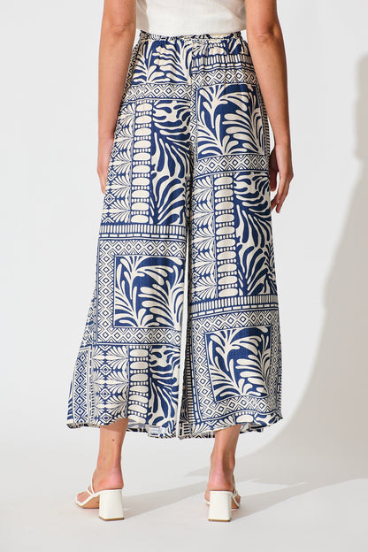 Goldie Wide Leg Pant in Navy and Cream Tile Print