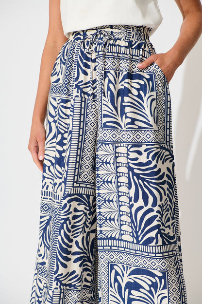 Goldie Wide Leg Pant in Navy and Cream Tile Print