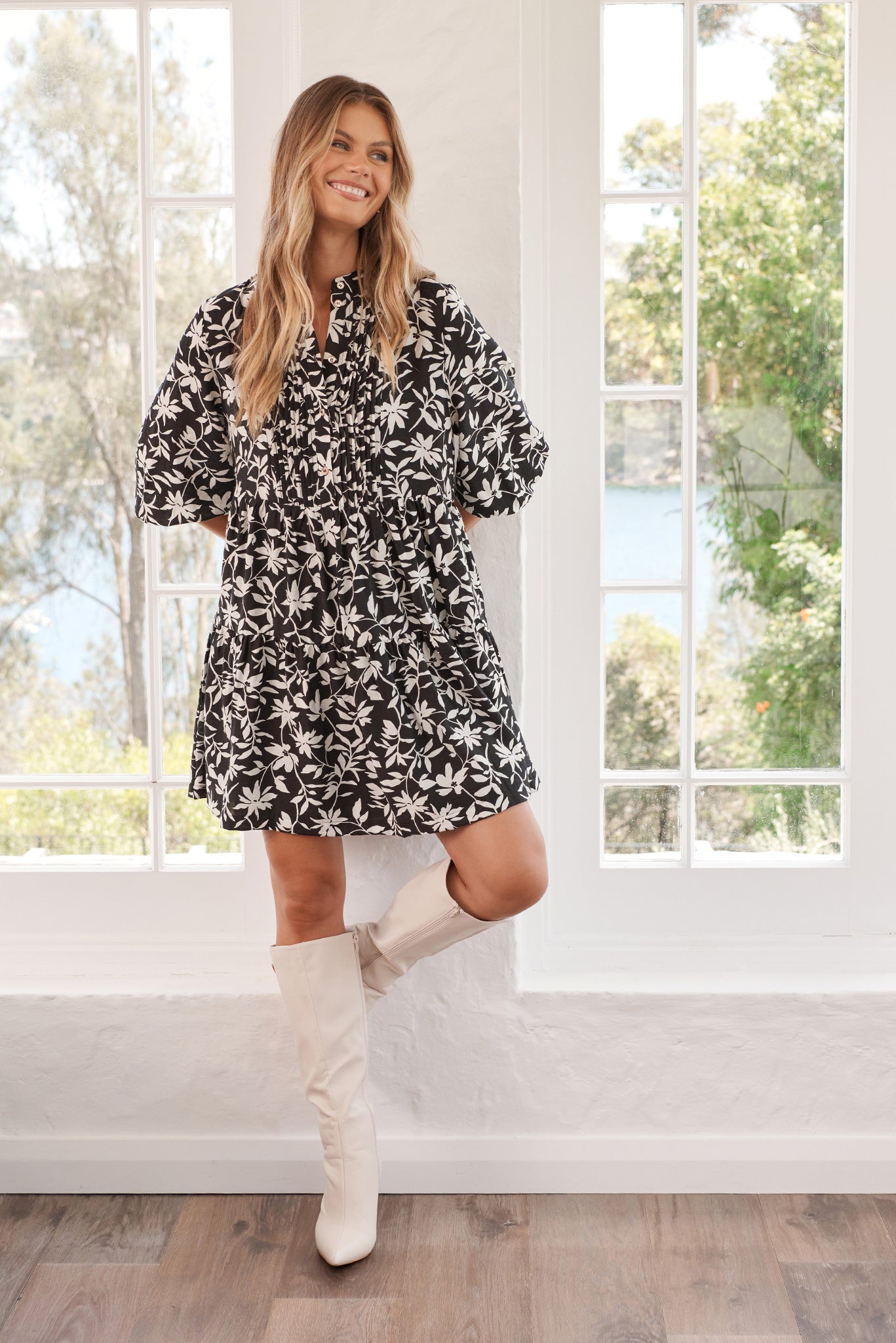 Caracelle Smock Dress Black with Cream Floral