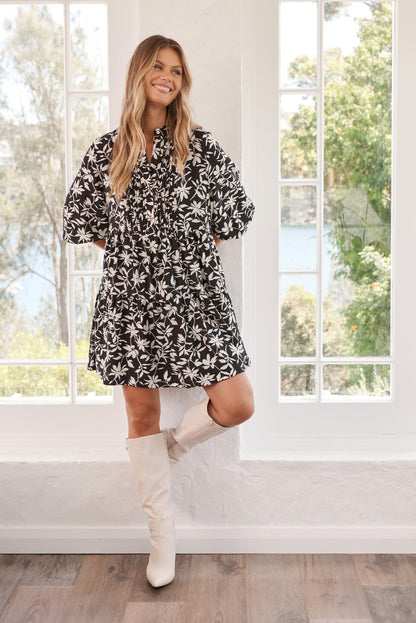 Caracelle Smock Dress Black with Cream Floral