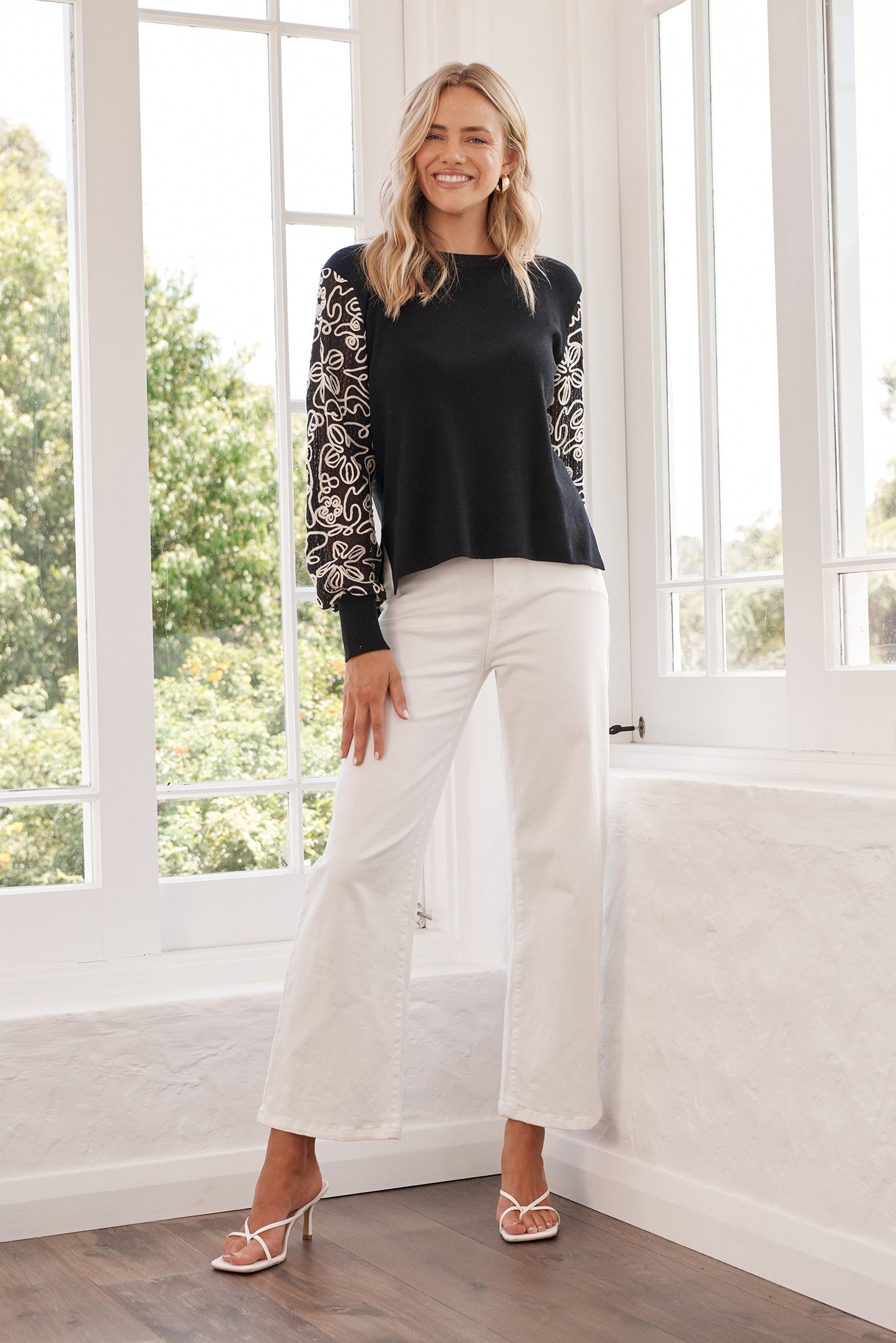 Nyomi Knit in Black with Embroidered Sleeve Wool Blend