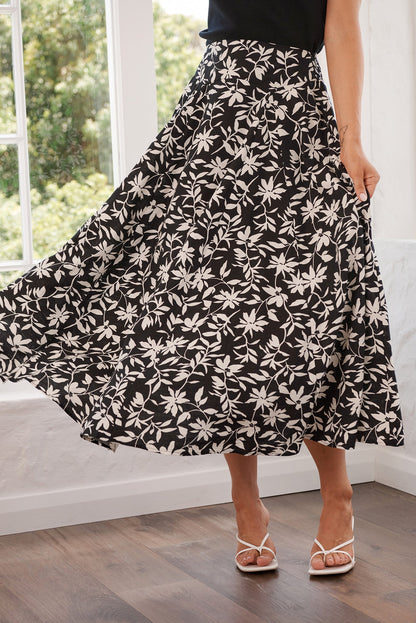 Brandsy Maxi Skirt In Black With Cream Floral