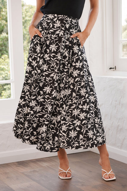 Brandsy Maxi Skirt In Black With Cream Floral