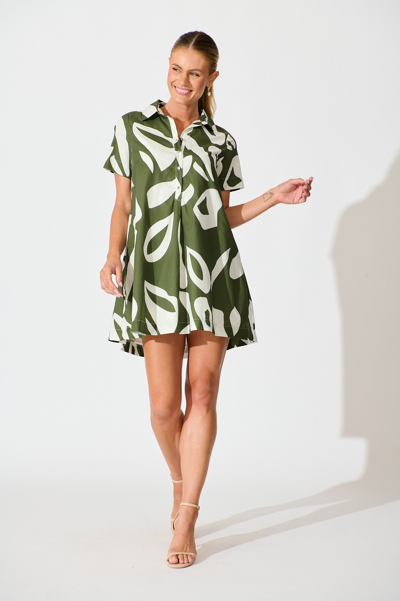 Hailey Dress in Green and Ivory Print Cotton
