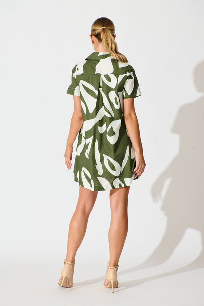 Hailey Dress in Green and Ivory Print Cotton