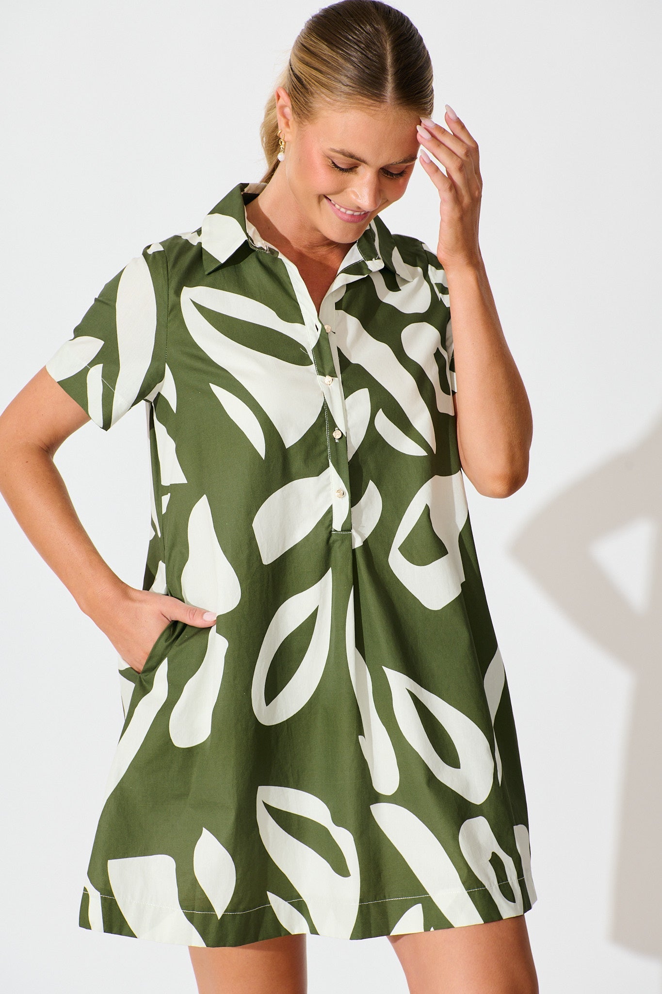 Hailey Dress in Green and Ivory Print Cotton