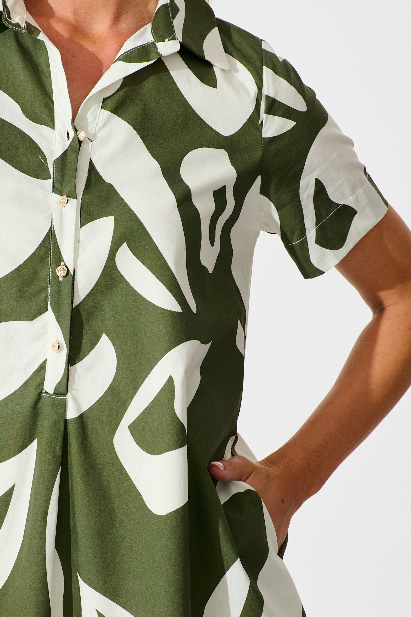 Hailey Dress in Green and Ivory Print Cotton