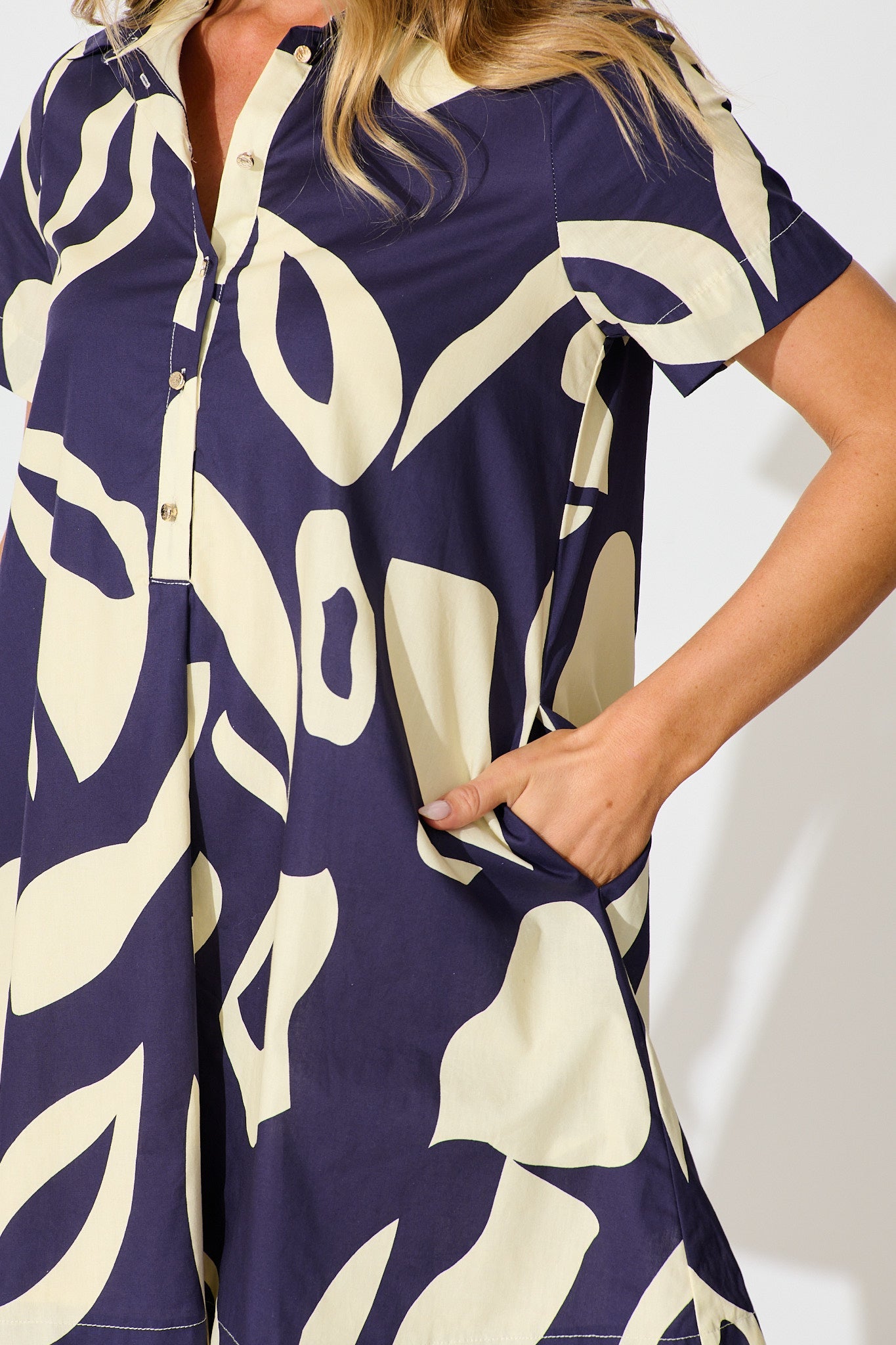 Hailey Dress in Navy and Cream Print Cotton