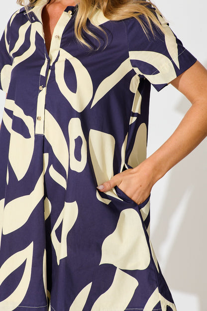 Hailey Dress in Navy and Cream Print Cotton