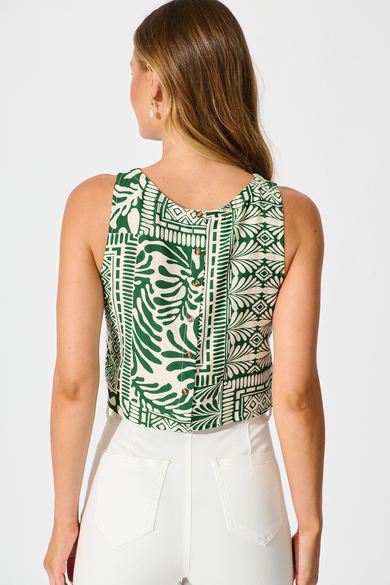 Leona Top in Green and Cream Tile Print