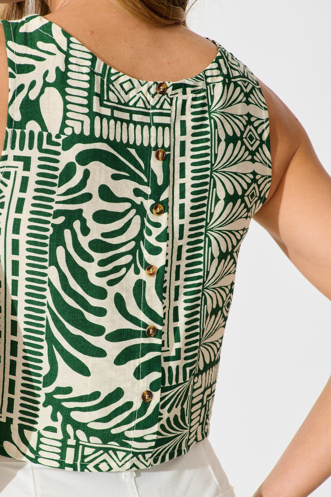 Leona Top in Green and Cream Tile Print