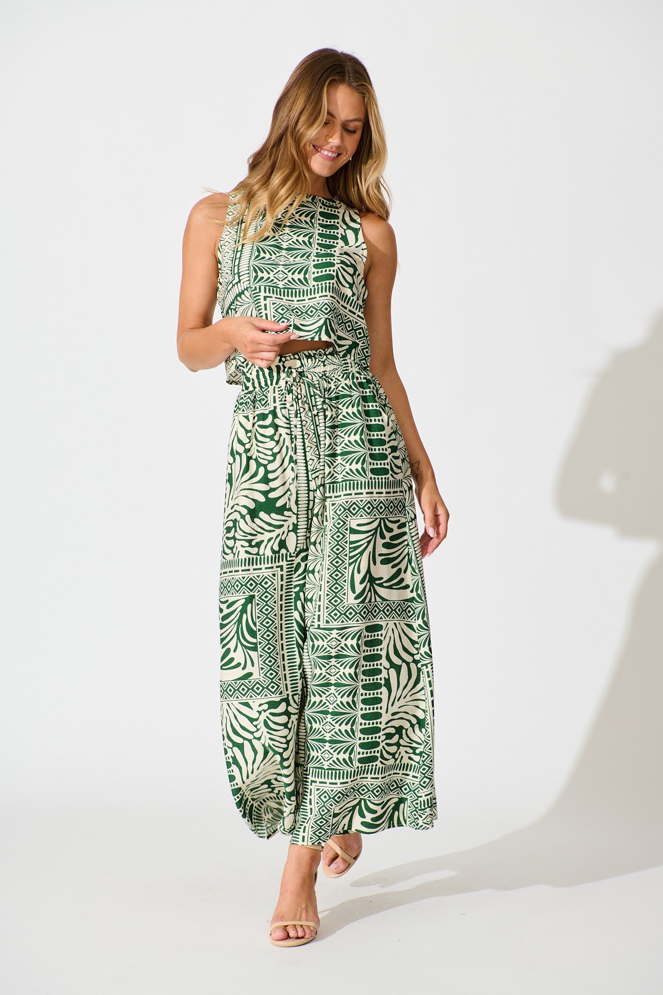Leona Top in Green and Cream Tile Print