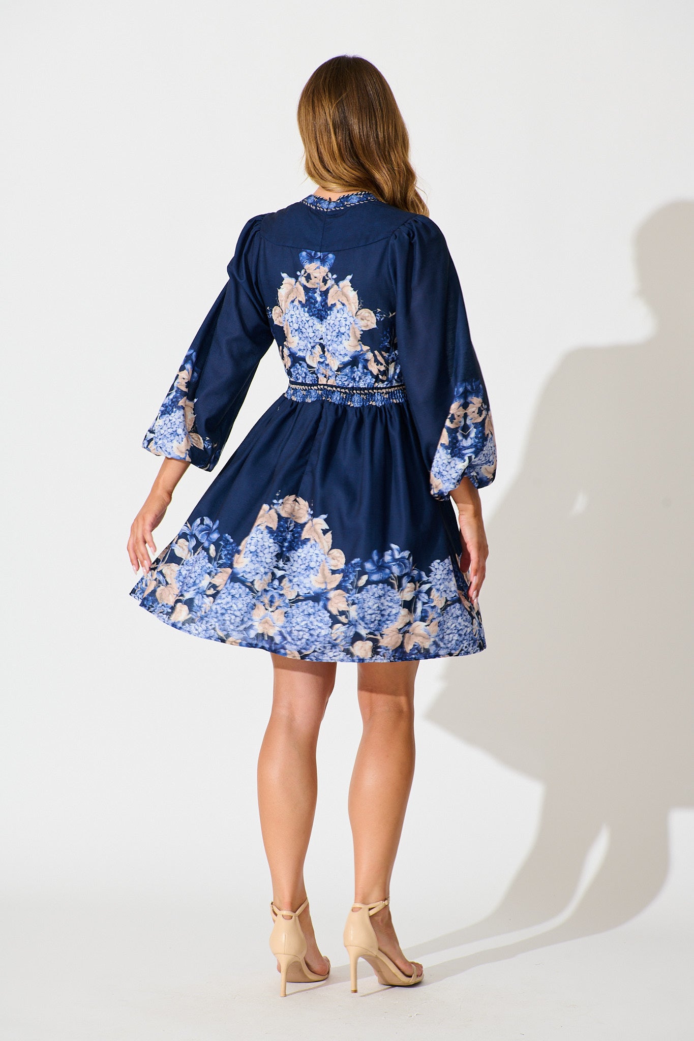 Clarion Dress in Navy Border Floral Linen Blend