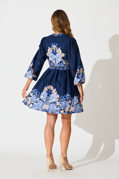 Clarion Dress in Navy Border Floral Linen Blend