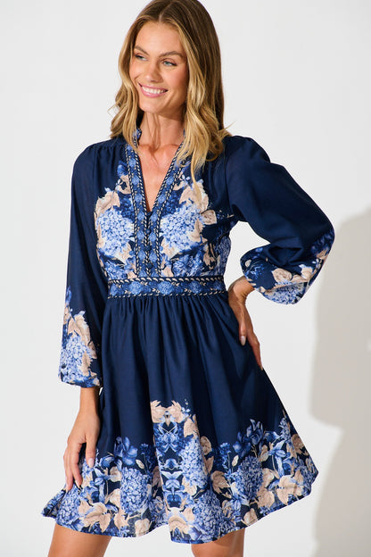 Clarion Dress in Navy Border Floral Linen Blend
