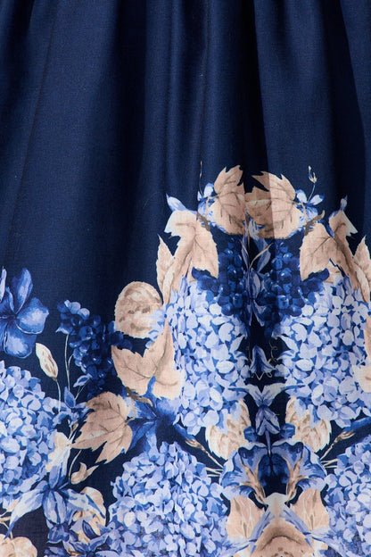 Clarion Dress in Navy Border Floral Linen Blend