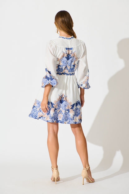 Clarion Dress in White Border Floral Linen Blend