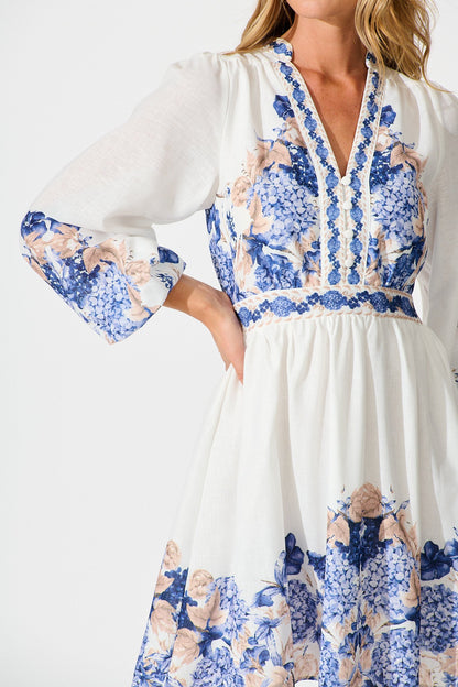 Clarion Dress in White Border Floral Linen Blend