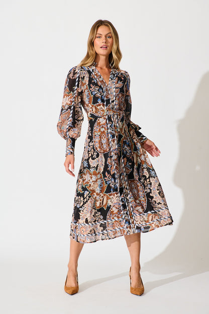 Darlington Midi Dress in Black Multi with Stripe Trim