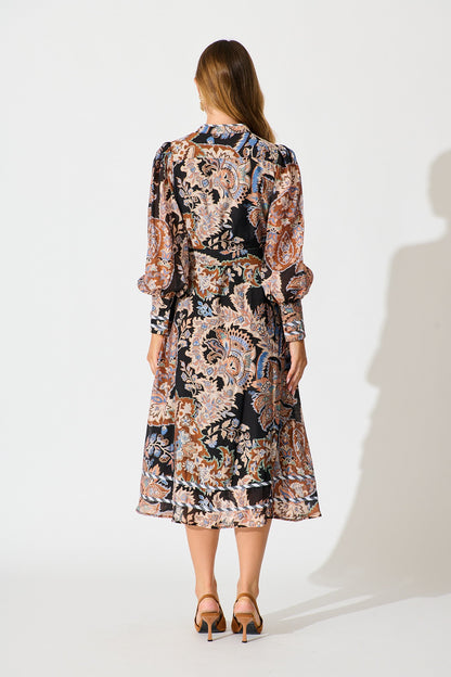 Darlington Midi Dress in Black Multi with Stripe Trim