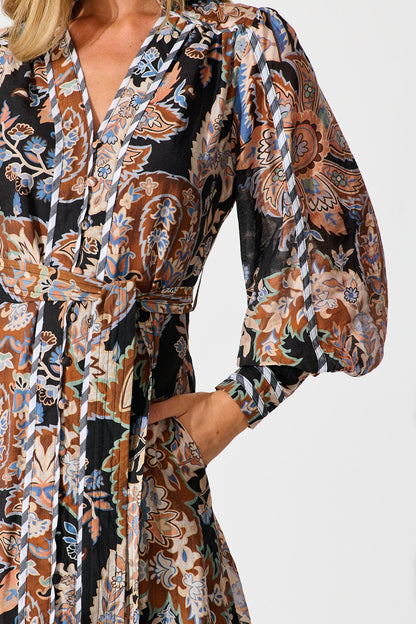 Darlington Midi Dress in Black Multi with Stripe Trim