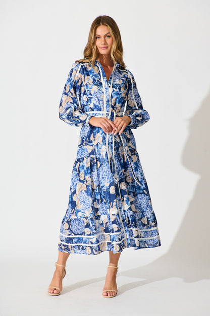 Nerina Maxi Shirt Dress in Navy Floral Linen Blend