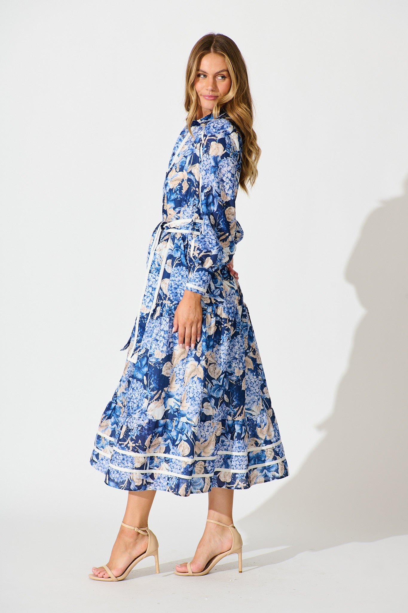 Nerina Maxi Shirt Dress in Navy Floral Linen Blend