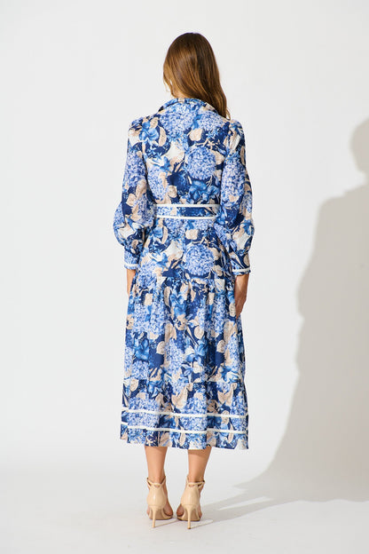 Nerina Maxi Shirt Dress in Navy Floral Linen Blend