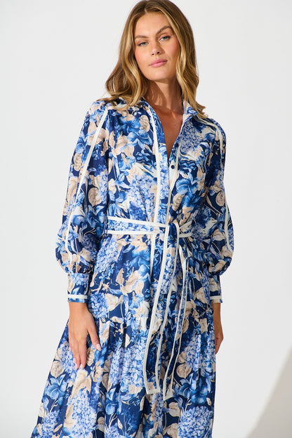 Nerina Maxi Shirt Dress in Navy Floral Linen Blend