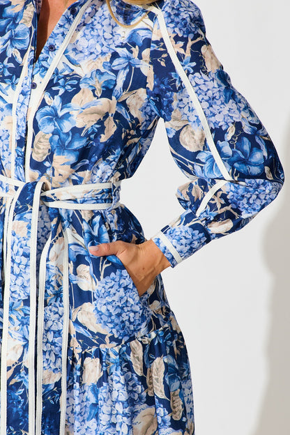 Nerina Maxi Shirt Dress in Navy Floral Linen Blend