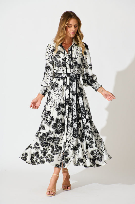 Sabrina Maxi Shirt Dress In Black Floral