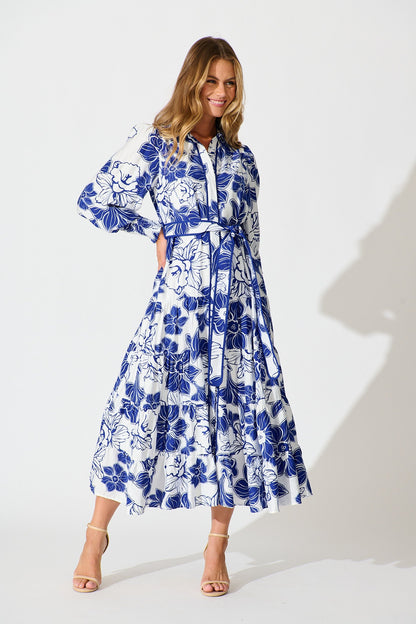 Sabrina Maxi Shirt Dress in Cobalt Floral