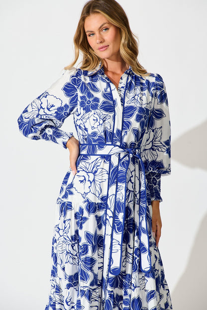 Sabrina Maxi Shirt Dress in Cobalt Floral