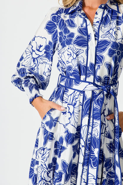 Sabrina Maxi Shirt Dress in Cobalt Floral