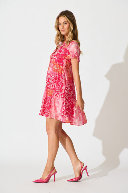 Adeline Shirt Dress in Multi Pink Patchwork