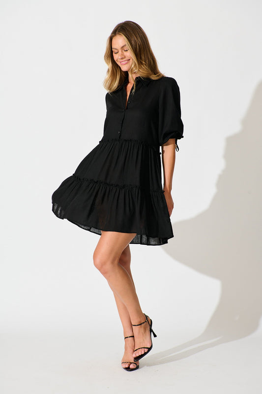 Layla Smock Dress in Black Linen Blend