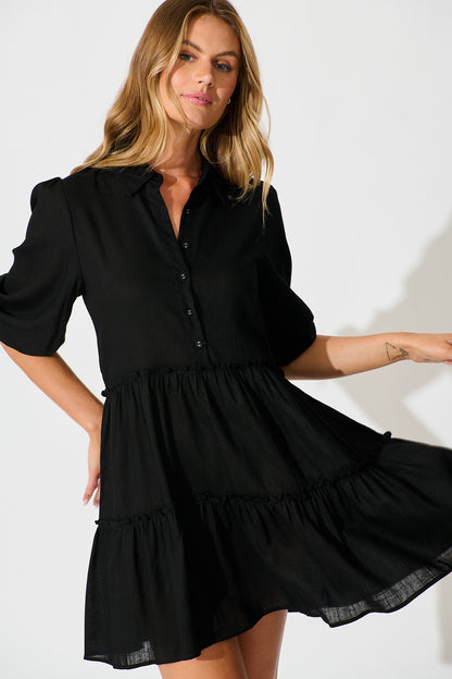 Layla Smock Dress in Black Linen Blend