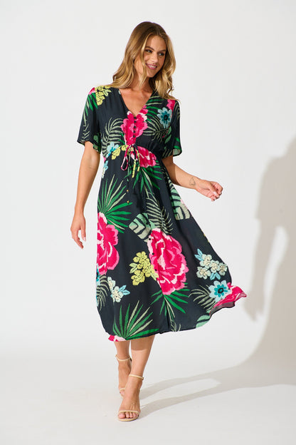 Melody Midi Dress In Black with Pink Floral