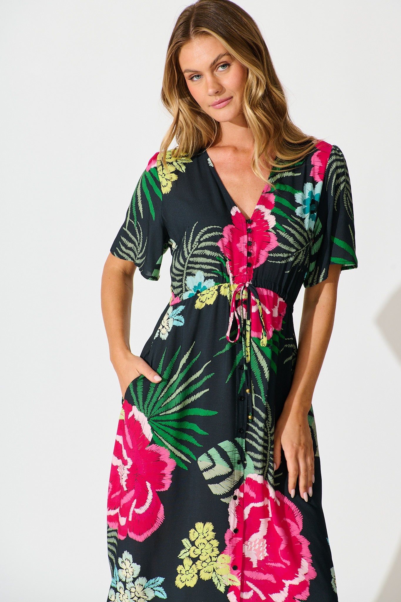 Melody Midi Dress In Black with Pink Floral