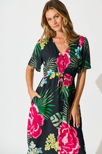 Melody Midi Dress In Black with Pink Floral
