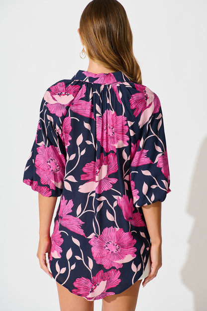 Anita Shirt In Navy with Pink Floral